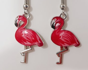 Pink Enamel Flamingo Earrings, Artsy Silver Tone Jewelry