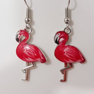 Flamingo Earrings Womens Girls Pink Enamel Artsy Silver Tone Beachy Resort Gorgeous Jewelry Fabulous Gift Craft Charm Handmade Womens Girls