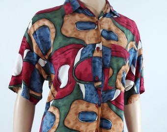 80s Rayon Shirt: Abstract Geo Print, Colorful Button-Down, Size S