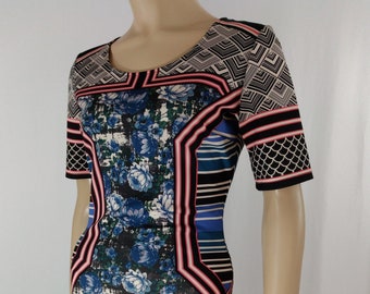 Vintage Geo Floral Dress - Bodycon Color Block, Size S