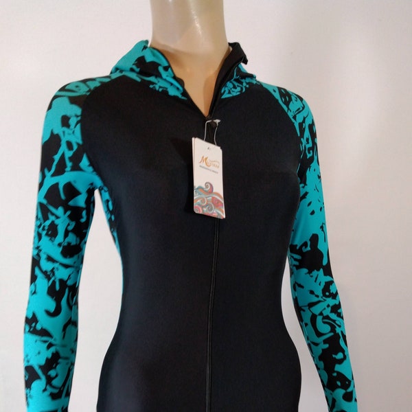 Women's Leotard Unitard Hooded 80's Style Spandex Cat Suit Black Turquoise Long Sleeve New w Tags Condition Vintage by MICOSUZA Size L