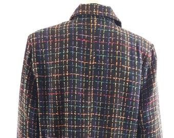 Vintage Tweed Jacket, Black Rainbow Woven Blazer - Boho Artsy Size S
