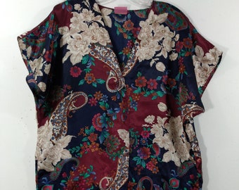 Women's Night Gown 80's Satin Jewel Tone Floral Cropped Sleeve Sleep Shirt Cute Sexy Excellent Condition Vintage by SLEEP SOLUTIONS Size M