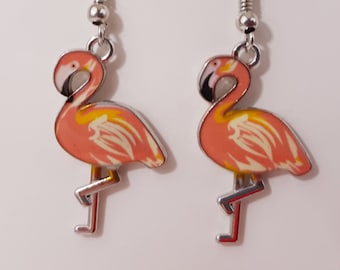 Handmade Pink Enamel Flamingo Earrings, Silver Tone Boho Jewelry