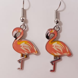 Flamingo Earrings Womens Girls Pink Enamel Artsy Silver Tone Beachy Resort Gorgeous Jewelry Fabulous Gift Craft Charm Handmade Womens Girls