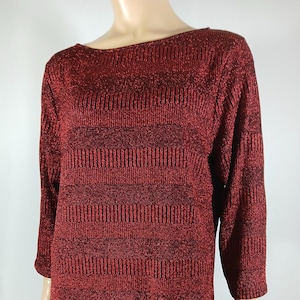 Red Sweater Top Women&#39;s Sparkly Metallic Pullover Stretchy Knit 3/4 Sleeve Cool Look Like New Condition Vintage by PECK & PECK Usa Size XL