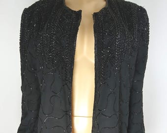 Black Beaded Jacket 80's 90's Dressy Size XL