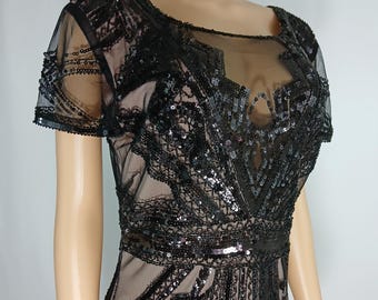 Beaded Sequin Black Dress Semi Formal Stretchy Size L