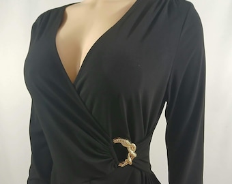 Black Dress, Metallic Gold SNAKE Buckle Long Sleeve V Neck Size M petite