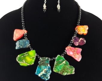 Handcrafted Turquoise & Black Obsidian Necklace Earring Set