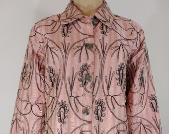 Women's Pink Jacket 100% Silk Pale Pink Black Embroidery Crystal Sequins Pink Rhinestone Buttons Excellent Condition by BLEU BAYOO Size L