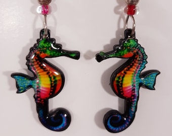 Sea Horse Earrings Sea Horse Jewelry Exotic Oceanic Rainbow Sealife Lightweight Print Art Lucite Silver Tone Bead Pierced Hook Drop Handmade