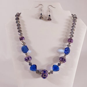 Blue Jewelry Set Handmade Necklace Earrings Artist Designed Vintage Inspired Silver Blue Purple Crystal Multi Bead Mix GORGEOUS Great Gift