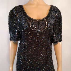 Black Beaded Dress Gown Women&#39;s 80&#39;s 90&#39;s Beadwork Floor Length Short Sleeve 100% Silk Excellent Condition Vintage by STENAY Size 12