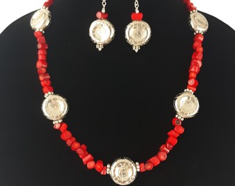 Handmade Red Coral Necklace Earring Set - Artisan Silver Tone Jewelry
