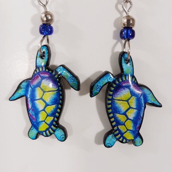 Sea Turtle Earrings Sea Turtle Jewelry Exotic Oceanic Blue Sealife Lightweight Print Art Lucite Silver Tone Bead Pierced Hook Drop Excellent