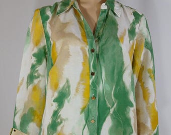 Vintage Linen Blend Blouse, Arty Green Yellow Print, Size 12