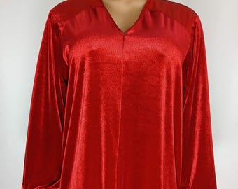 Vintage Red Velour Robe Kaftan, Satin Trim, Gold Tassel Zipper Size S