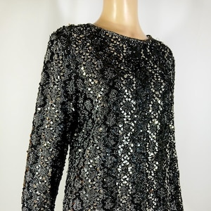 Black Sequin Top 60's 70's Women's 3/4 Sleeve Stretchy Silvery Fabric Disco Gorgeous Excellent Condition Vintage Size M Usa UNIONMADE