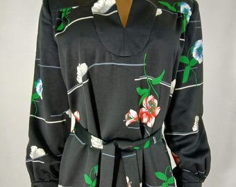 60's Maxi Dress Long Sleeve Black Colorful Floral Belt Size L