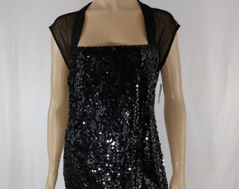 Black Sequined Dress Women's Sexy Stretchy Shift Fully Lined Dress Party Disco New w Tags Condition Vintage by CONNECTED APPAREL Size 12