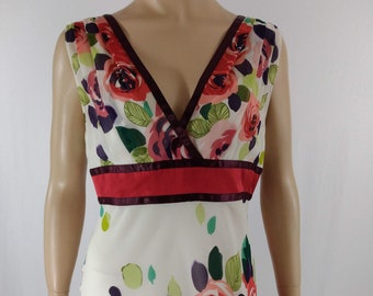 Vintage Adrianna Papell Floral Dress, Sleeveless Cream V-Neck, Size 10