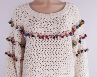 Handmade Crochet Pom Pom Sweater, Vintage Boho Zara Knit, Size L