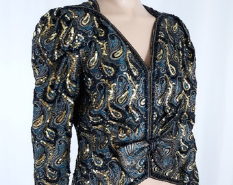 Women's Sequin Blazer Top 70's 80's Jacket Metallic Tapestry Black Gold Blue Beaded Puffy Sleeves Bow Excellent Condition Vintage  Size L