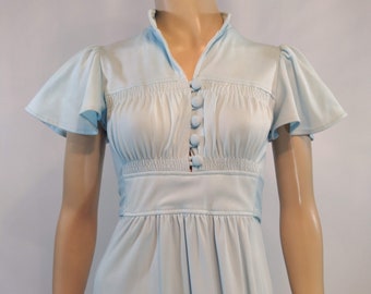 Vintage 70s Pastel Blue Maxi Dress, Angel Sleeve, Size S