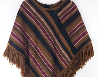 Poncho Wool Poncho 70's Authentic Handmade Heavy Wool Fringed Brown Pink Striped Shawl Excellent Condition Vintage One Size by VLASTI-BHAGTN