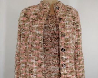 Vintage Wool Blend Cardigan Sweater Set, Beige Pink Crochet Knit, Size S