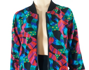 80's Women's Jacket Wild Colorful Geo Abstract Bomber Black Trim Zipper Light Weight Rare Excellent Condition Vintage by PIA RUOD Size L