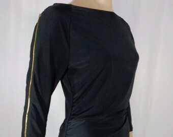 Vintage Black Blouse with Gold Zipper Sleeves, Size S
