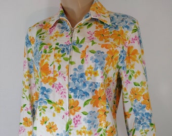 Women's Jacket 97% Stretchy Cotton Orange White Blue Floral Zipper Pockets Spring Summer Excellent Condition Vintage by JONES NY Size M