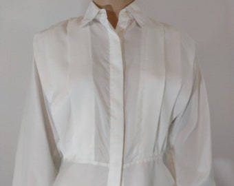 Vintage 80s White Pleated Blouse, Size 6, Silky Satin Long Sleeve Shirt