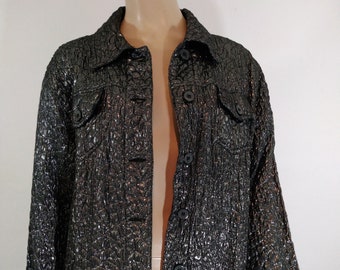 Women's Metallic Jacket Gunmetal Silver-Black Pockets ShinyTextured Bubbly Fabric Buttons Lux Excellent Condition Vintage by UNITS Size XL