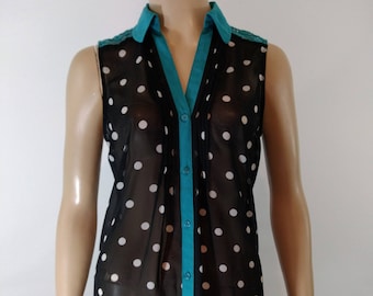 Top sin mangas vintage de lunares con ribete turquesa - Talla S