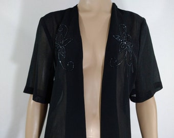 Vintage Black Beaded Top, 70s Floral Semi-Sheer Cover-Up, Size M