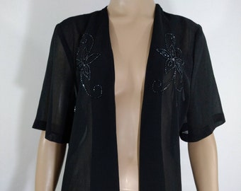 Black Beaded Top 70's 80's Women's Semi Sheer Dressy Short Sleeves Floral Beading Open Front Excellent Condition Vintage by ANNYA Size M