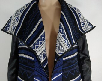 Women's Southwestern Jacket Coat White Black Blue Native Geometric Design Fall Winter Open Front Like New Vintage by BUFFALO JEANS Size S