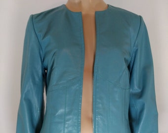 Vintage Blue Leather Jacket, Satin Lined, Size S