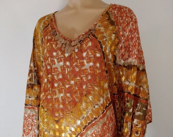 Women's Blouse Top Butterfly Silhouette Yellow Golds Orange Abstract Print Silky Drapy Gold Sequins Excellent Condition Vintage Size XL