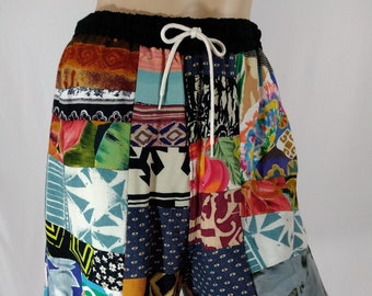 Patchwork Cotton Shorts, High Waist, Colorful Print, Size M
