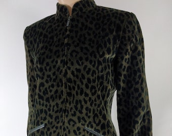 Animal Print Blazer Women's Jacket Black Olive Brown Soft Velvety Fabric Fully Lined Black Zipper Like New Condition by KASPER & Co Size 4