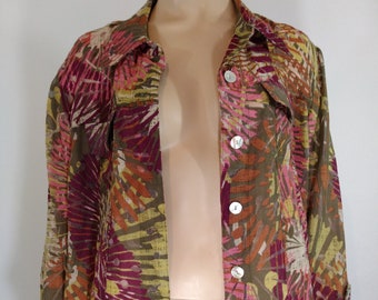 Plus Size Shirt Women's Deep Pink Green Rayon Semi Sheer Wild Abstract Leaves Mother of Pearl Buttons Like New Condition by RUBY RD Size 18W