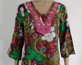 Vintage KARIZMA Tunic Top, Abstract Floral Print, Beaded V-Neck, Size L