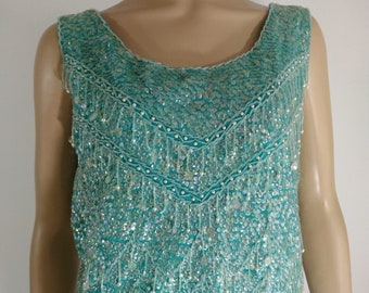 60's Beaded Top 100% Wool Pastel Blue Crystal Beaded Sequined Fringe Sleeveless Cocktail Excellent Condition Vintage by IMPERIAL Size M