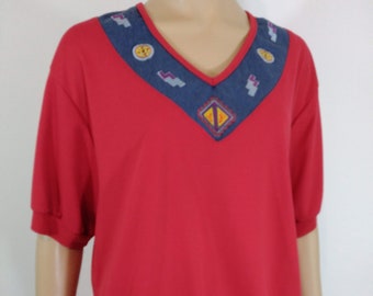 80s Vintage Bonworth Top: Red, Denim & Geometric Embroidery, Size L