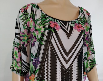 Vintage Floral Geo Print Top, Semi Sheer Boho Blouse, Size L