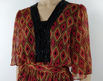 Beaded Boho Top: American Glamour Badgley Mischka, Geometric Print XS